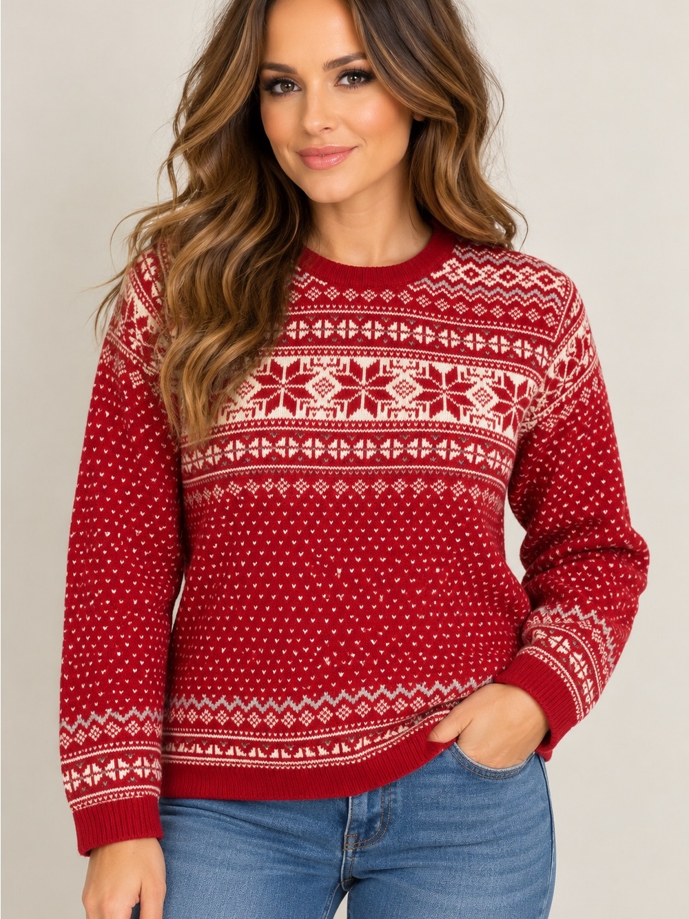 Liz Claiborne Lizwear Petite M Red Fair Isle Nordic 100% Cotton Sweater